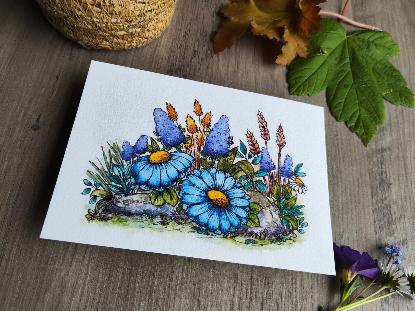 Carte A6 fleurie – Illustration aquarelle originale – Marguerites bleues et fleurs des champs