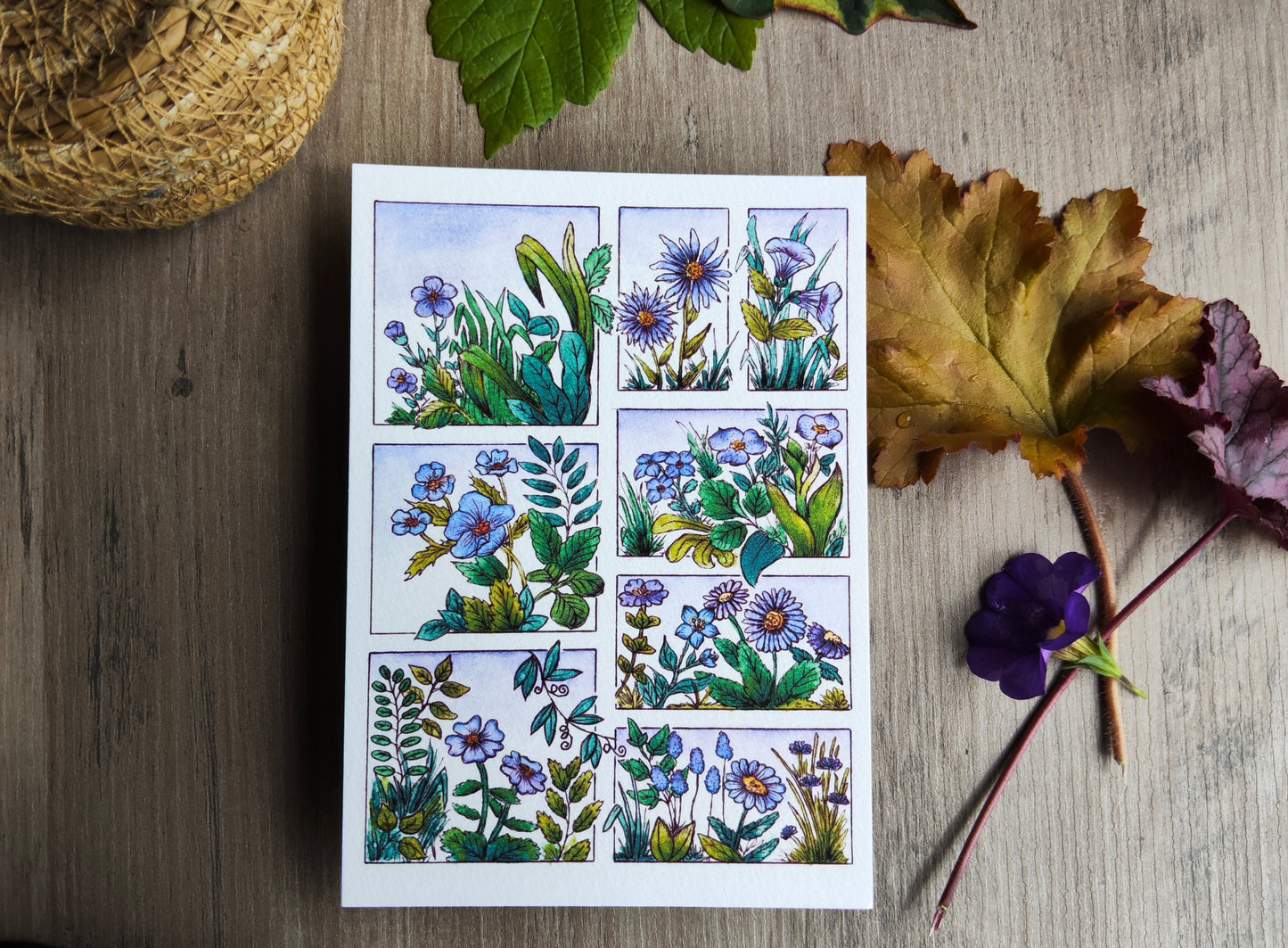 Illustration florale A6 – Fleurs violet à l’aquarelle – Carte déco imprimée papier texturé