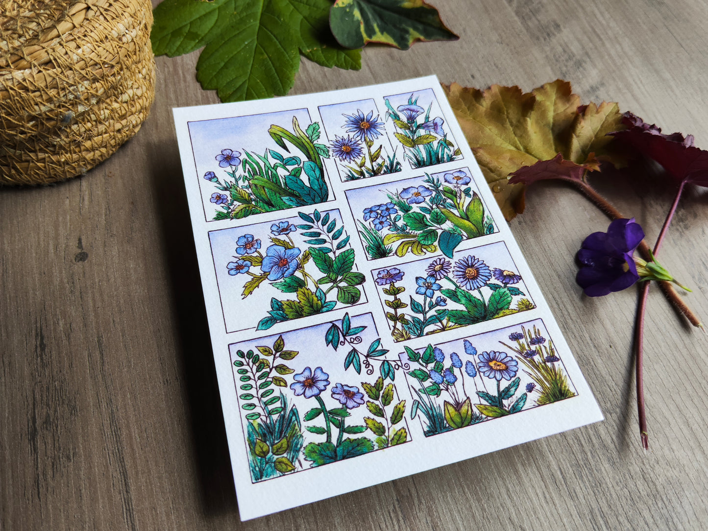 Illustration florale A6 – Fleurs violet à l’aquarelle – Carte déco imprimée papier texturé