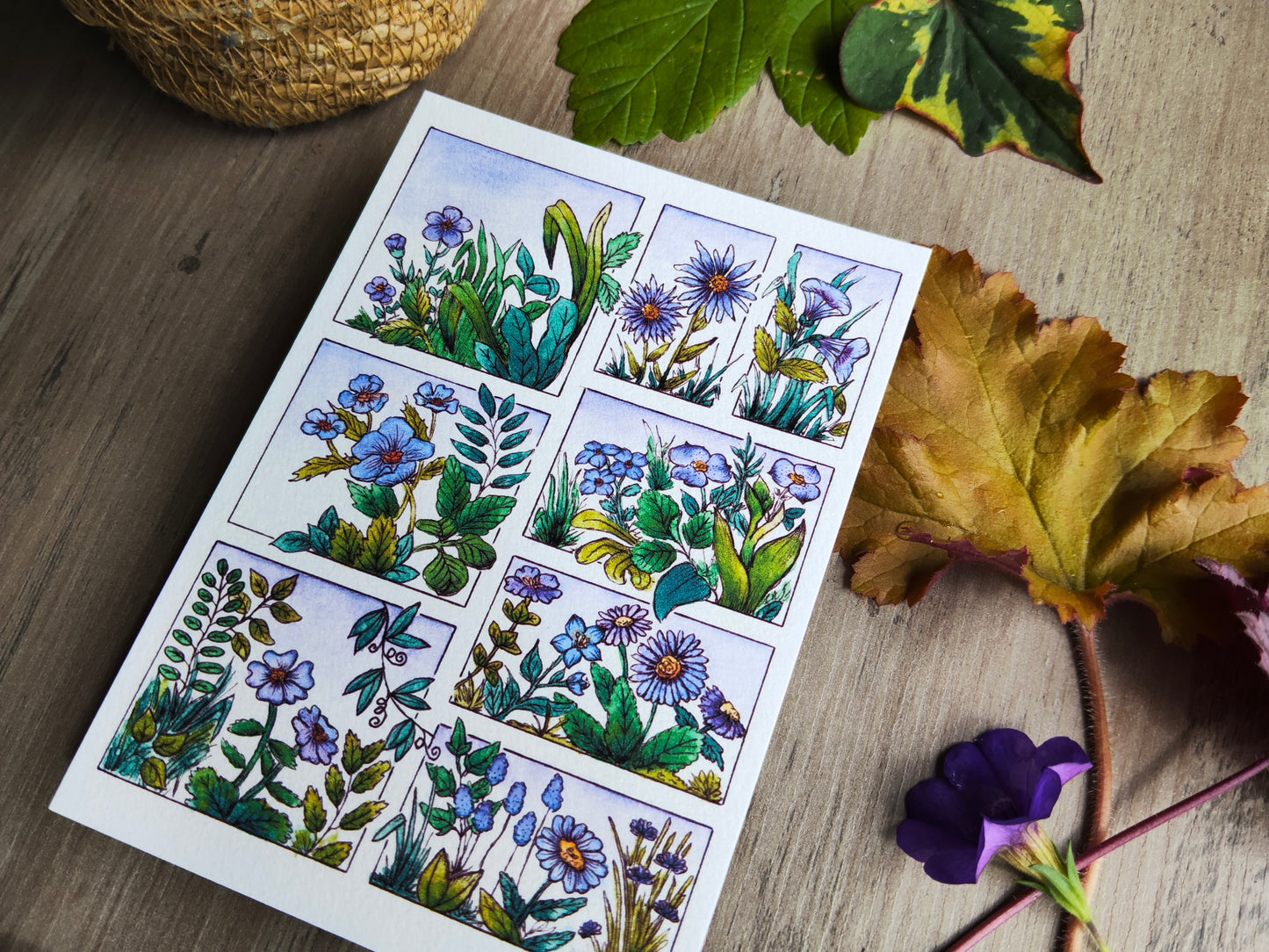 Illustration florale A6 – Fleurs violet à l’aquarelle – Carte déco imprimée papier texturé