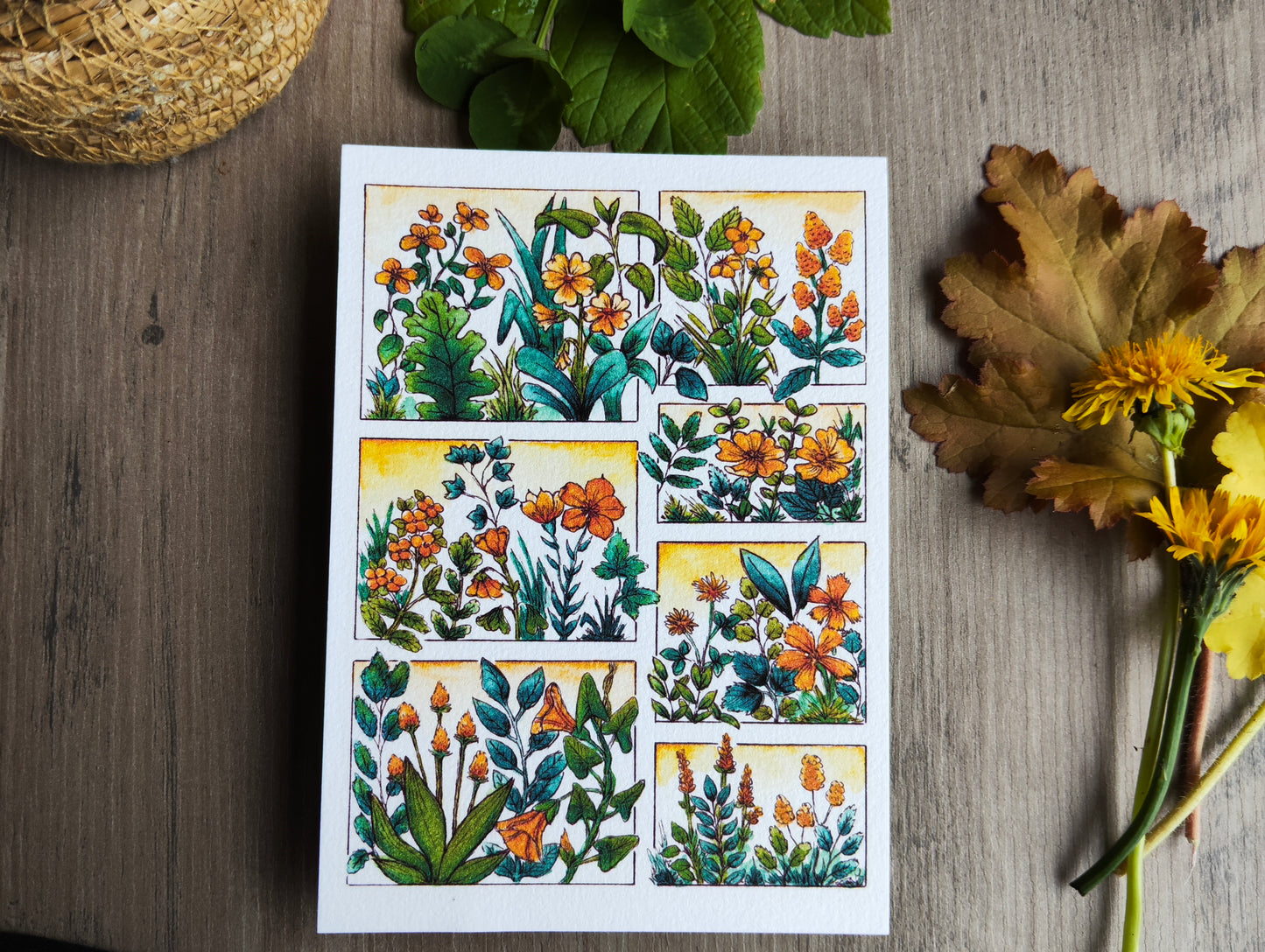 Carte illustrée A6 – Fleurs sauvages à l’aquarelle – Impression fine sur papier 300g - Fleurs Jaune