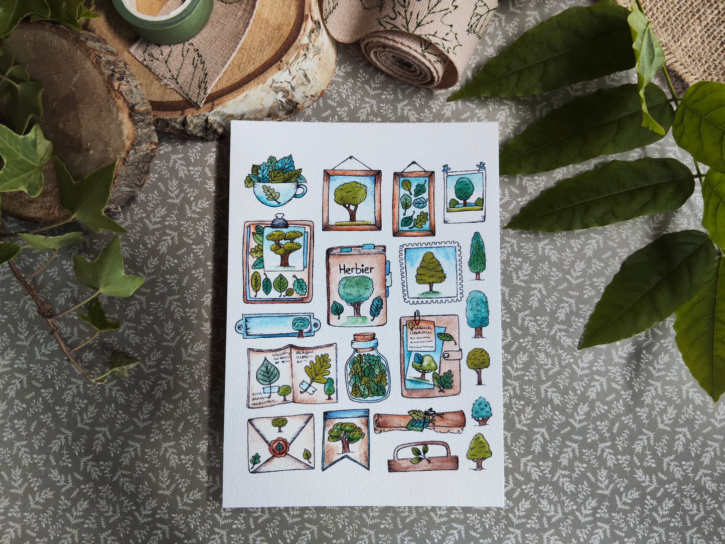 Carte Aquarelle Herbier Arbre et Feuillage – Illustration Nature Verte