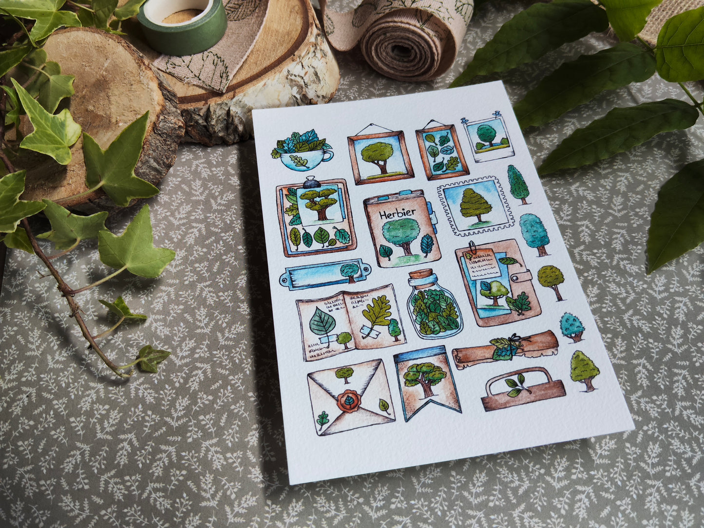 Carte Aquarelle Herbier Arbre et Feuillage – Illustration Nature Verte