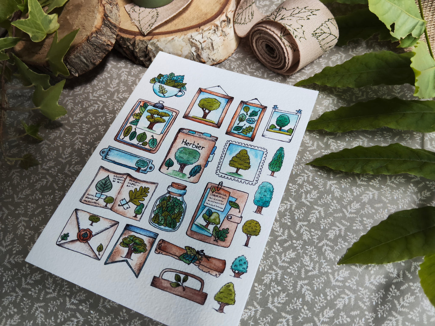 Carte Aquarelle Herbier Arbre et Feuillage – Illustration Nature Verte