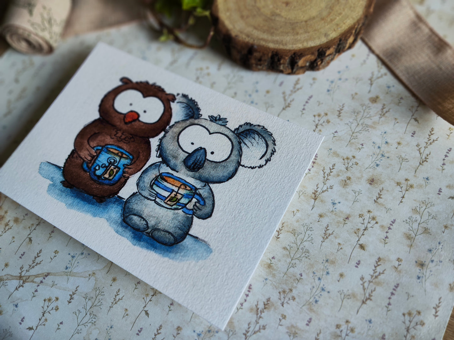 Carte Koala & Hibou – Amis Moment pause Mug Thé à l’aquarelle