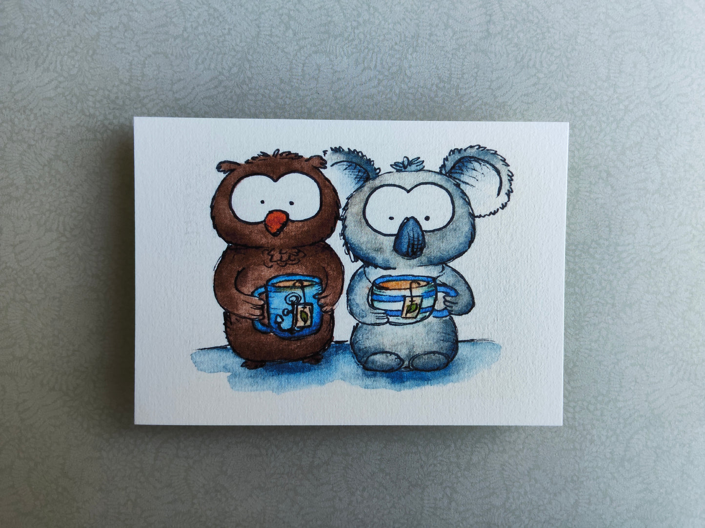 Carte Koala & Hibou – Amis Moment pause Mug Thé à l’aquarelle