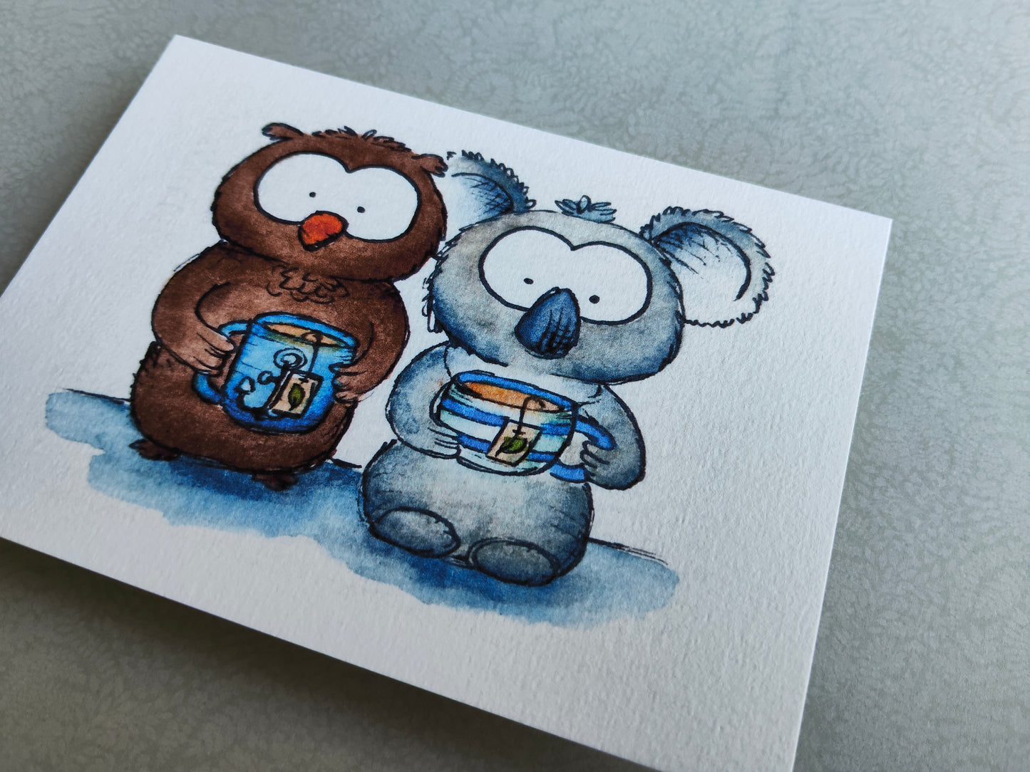Carte Koala & Hibou – Amis Moment pause Mug Thé à l’aquarelle
