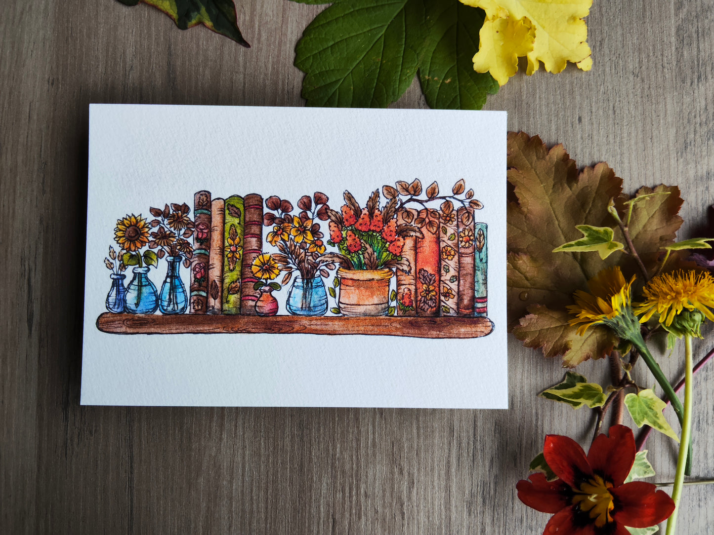 Carte A6 – Illustration florale automnale à l’aquarelle – Fleurs jaunes et orangées