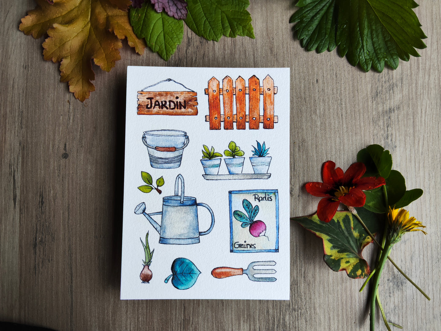 Carte illustrée – Jardin d’aquarelle – Outils, semis & nature – Format A6