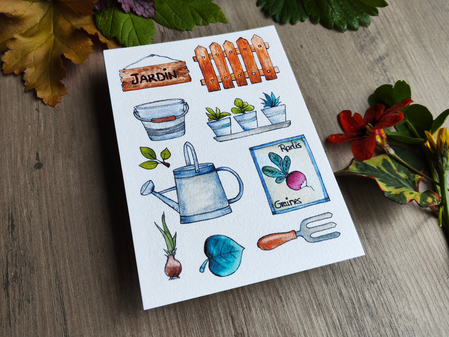 Carte illustrée – Jardin d’aquarelle – Outils, semis & nature – Format A6