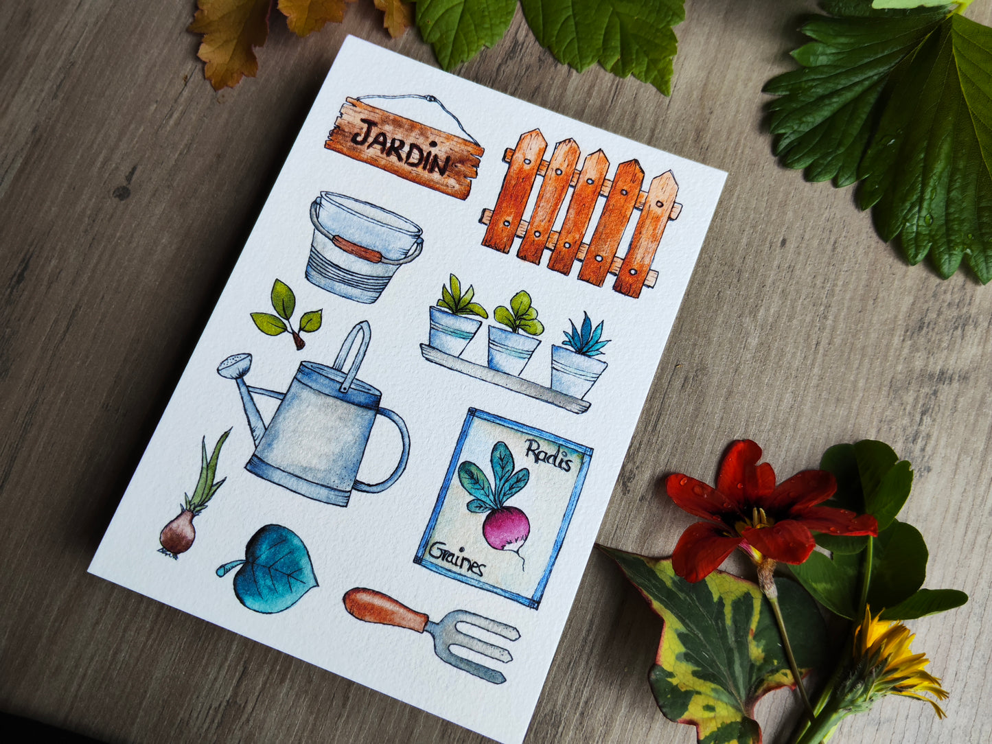 Carte illustrée – Jardin d’aquarelle – Outils, semis & nature – Format A6