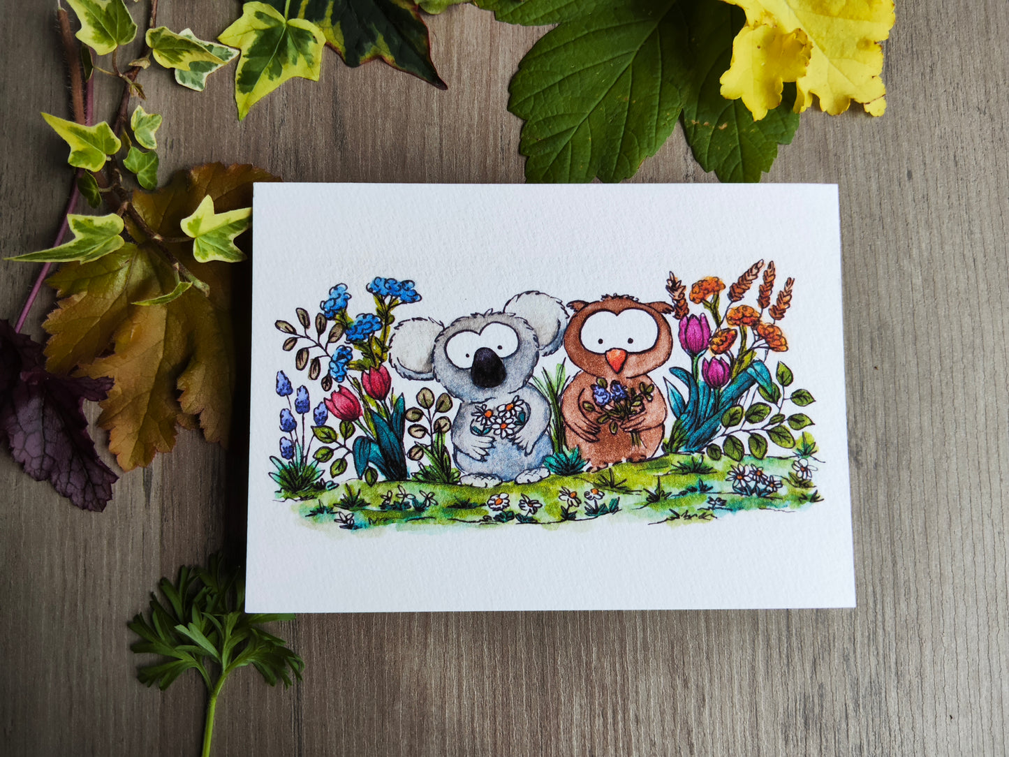 Carte illustrée A6 – Koala et Hibou fleuris – Illustration Animaux à l’aquarelle