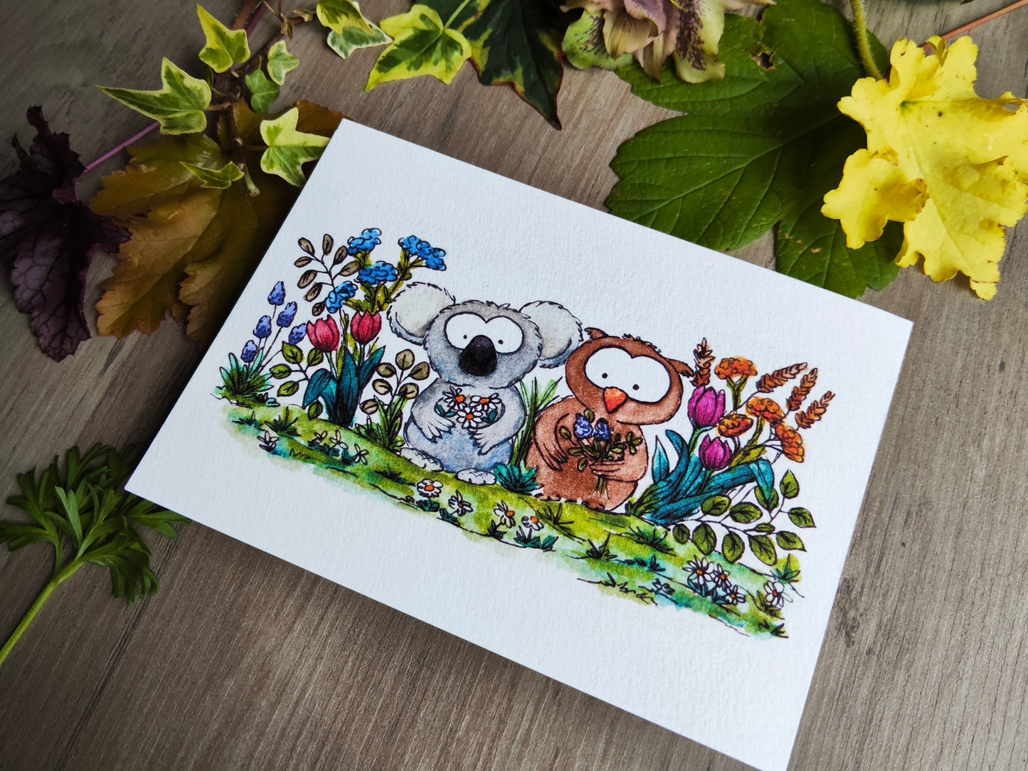 Carte illustrée A6 – Koala et Hibou fleuris – Illustration Animaux à l’aquarelle