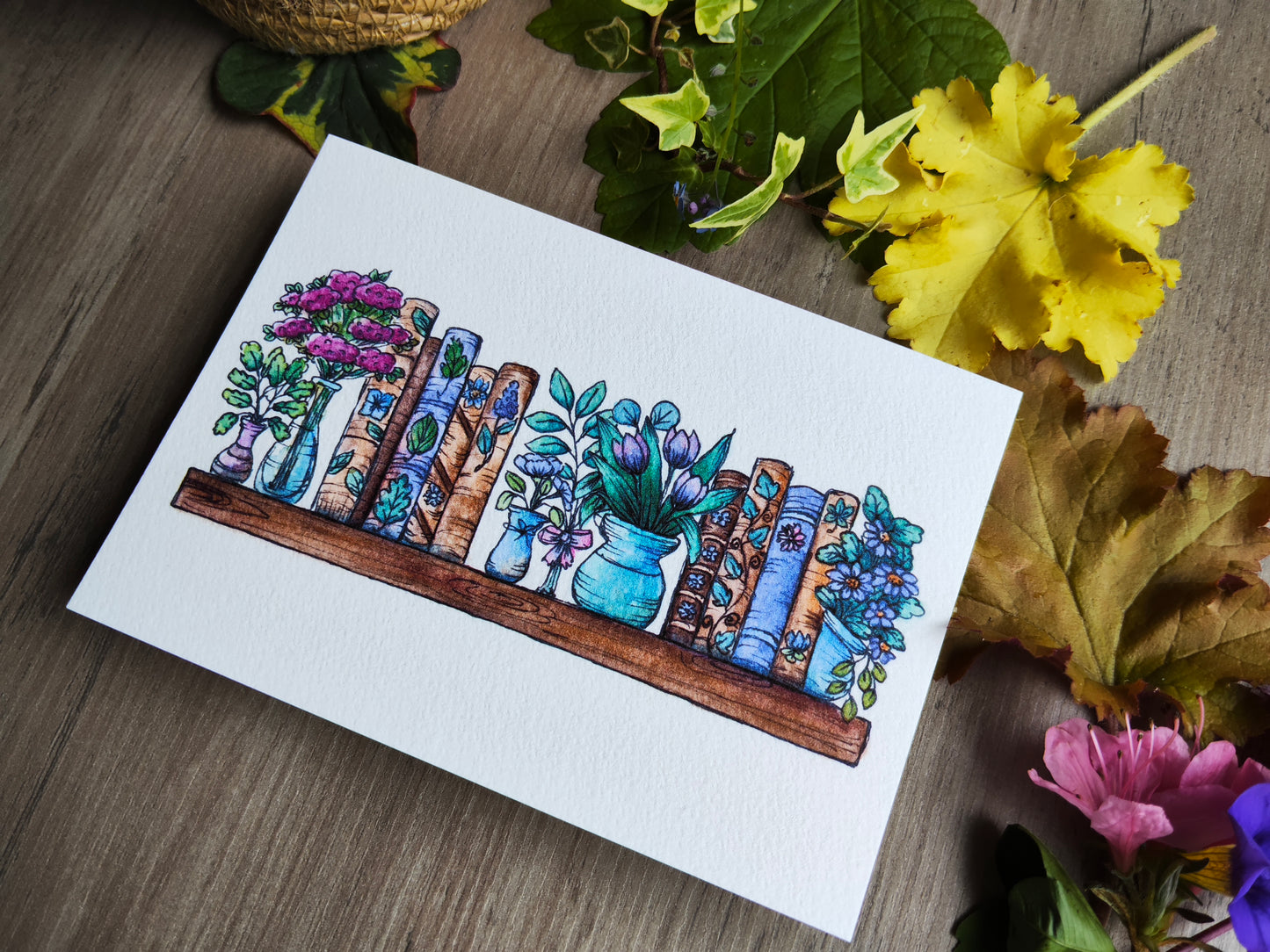 Carte A6 – Papeterie illustrée à l’aquarelle – Livres et fleurs Violet Parme