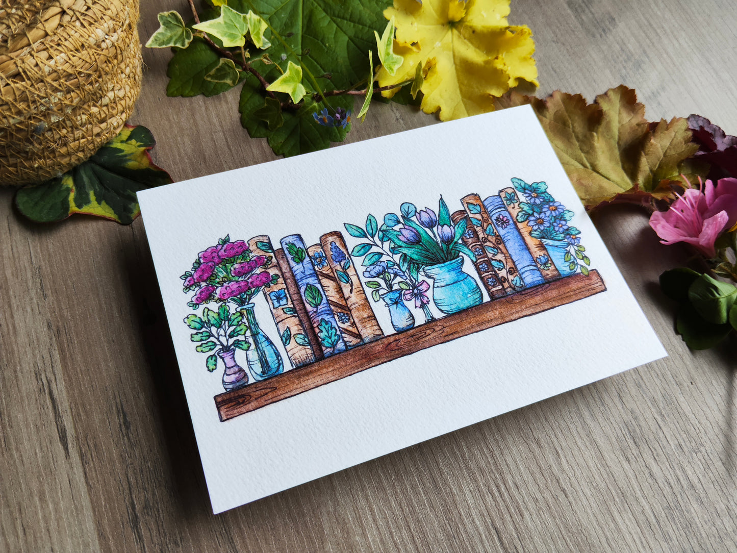 Carte A6 – Papeterie illustrée à l’aquarelle – Livres et fleurs Violet Parme