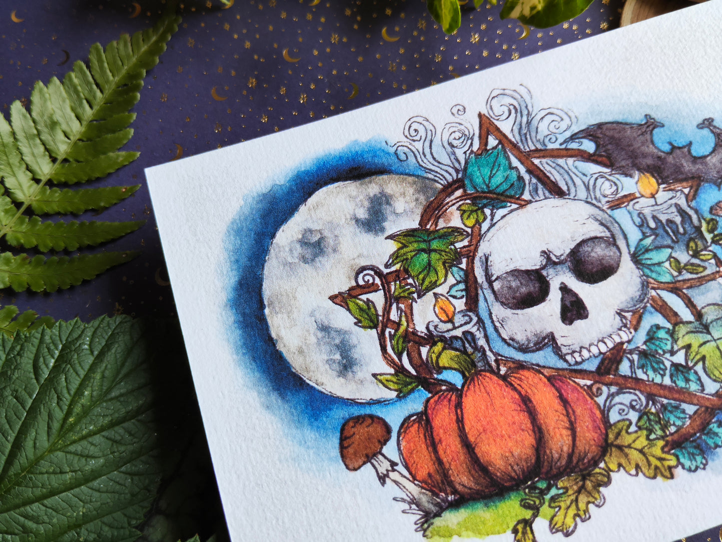 Carte Citrouille et Crâne – Ambiance Nocturne Magique et Pentacle