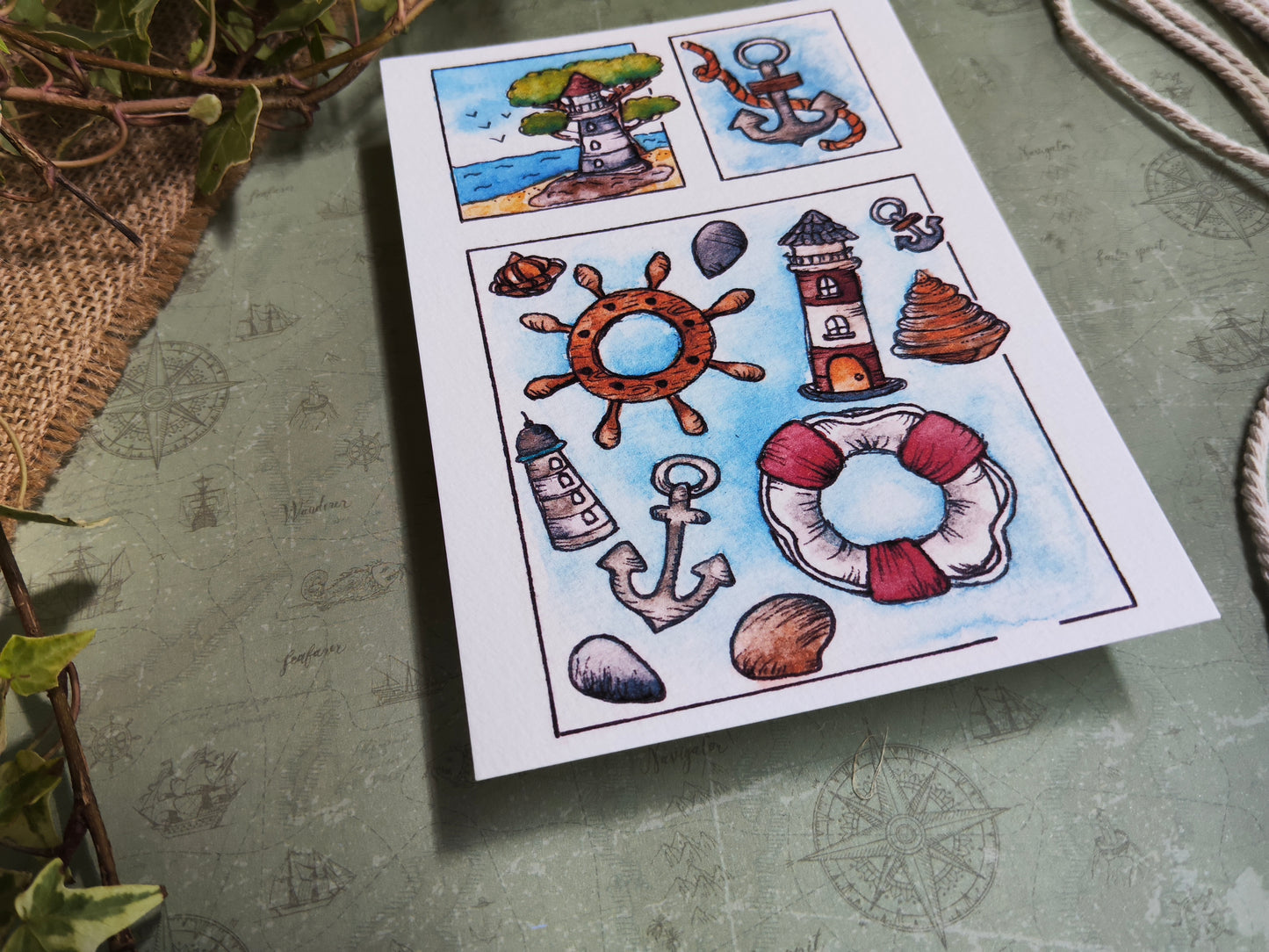 Carte Bord de Mer – Objets Marins en Aquarelle Phare