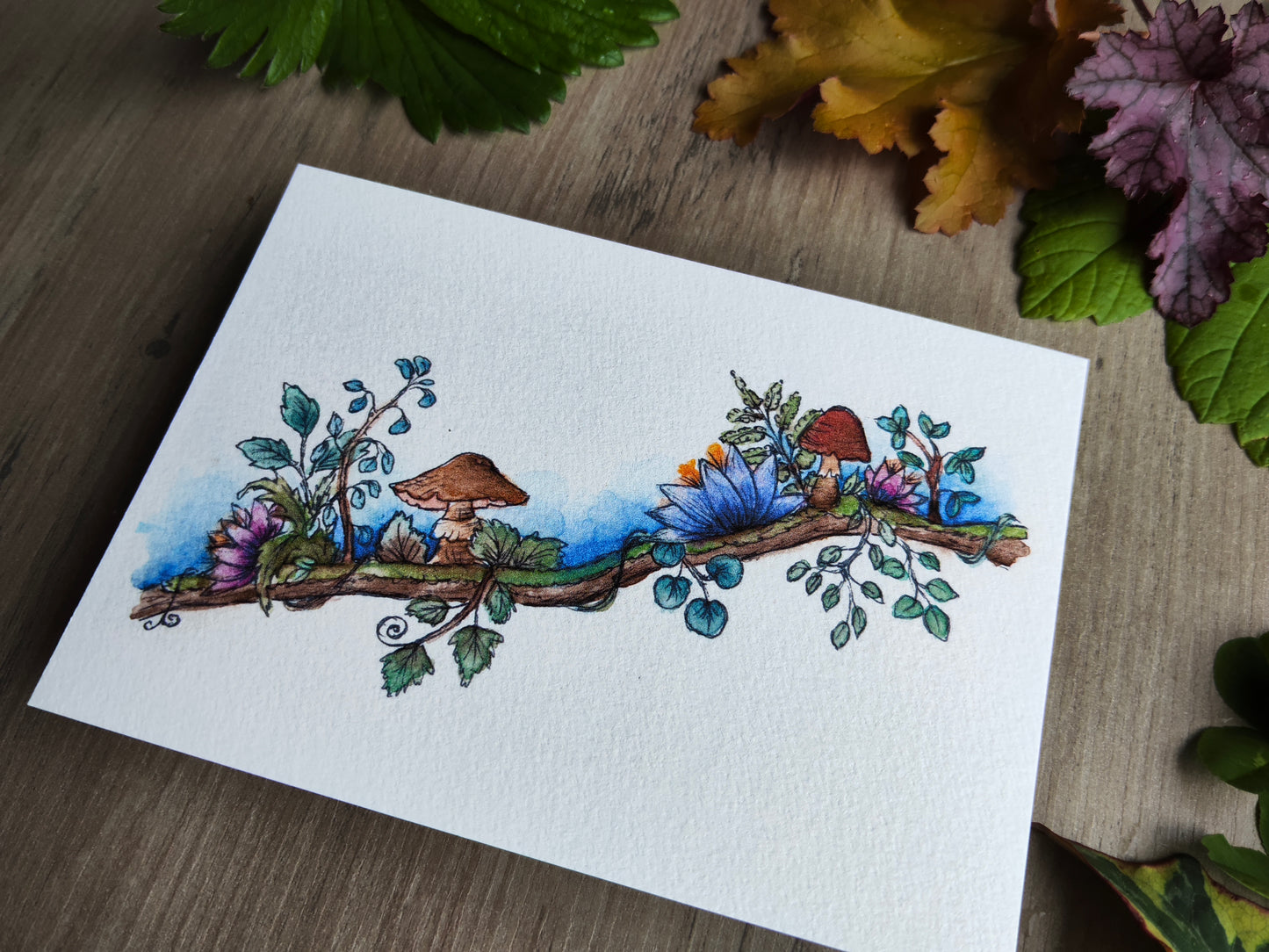 Carte A6 branche fleurie et champignons – Illustration aquarelle botanique, nature douce et magique – Aquarelle magie