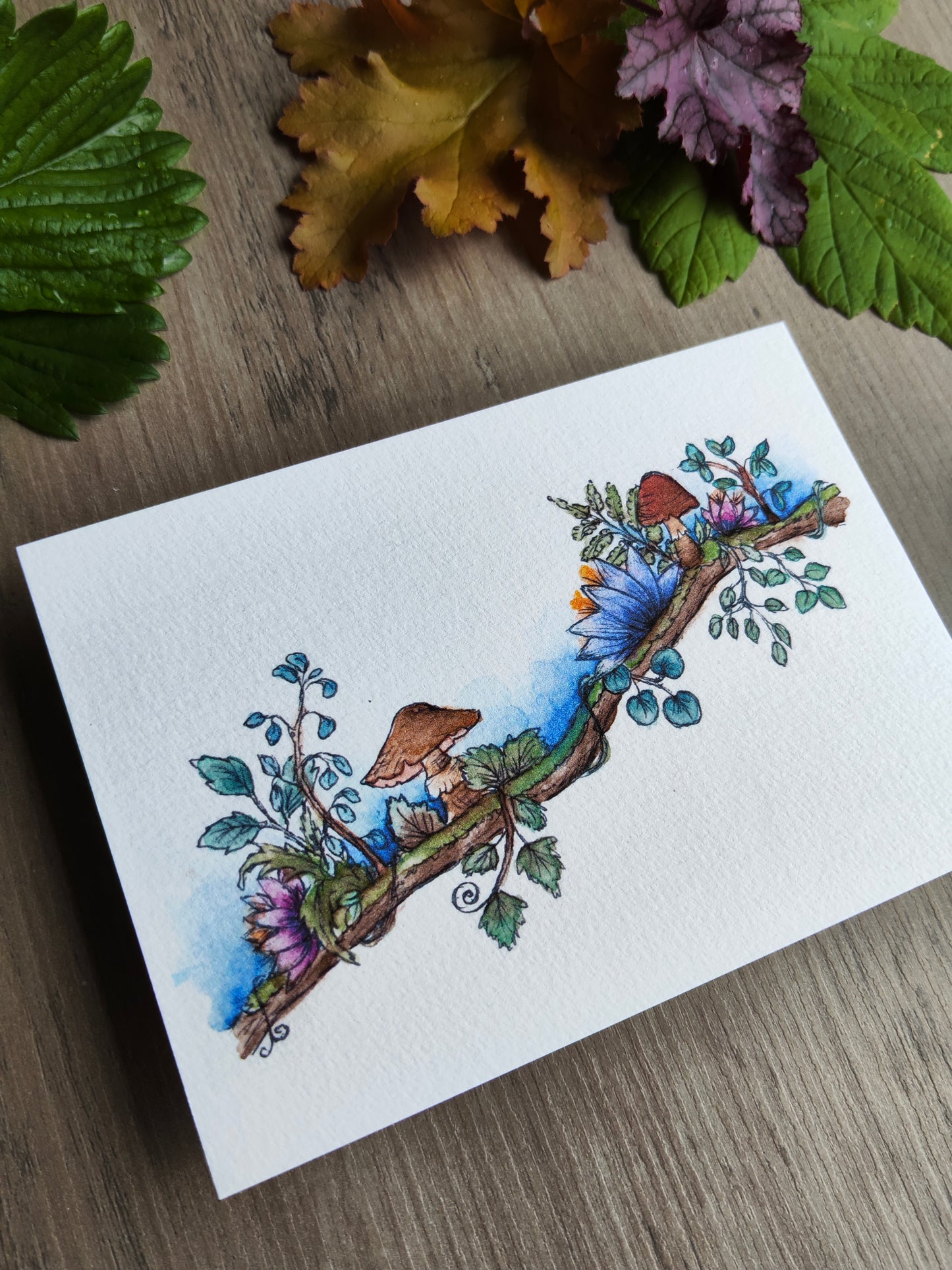 Carte A6 branche fleurie et champignons – Illustration aquarelle botanique, nature douce et magique – Aquarelle magie