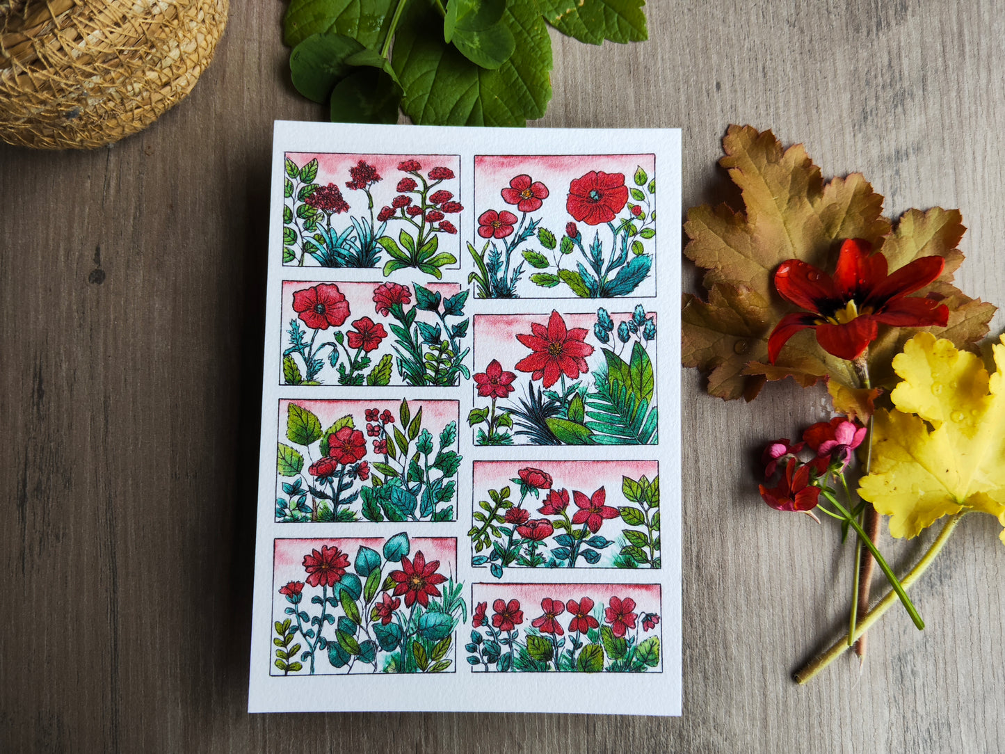 Carte illustrée A6 – Fleurs rouges à l’aquarelle – Nature Printemps - Impression fine sur papier 300g