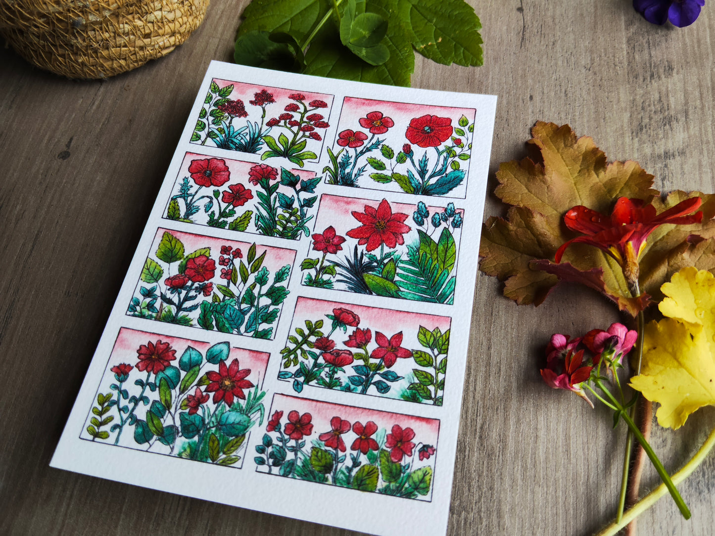 Carte illustrée A6 – Fleurs rouges à l’aquarelle – Nature Printemps - Impression fine sur papier 300g