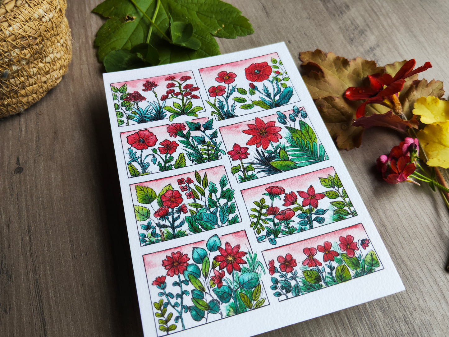Carte illustrée A6 – Fleurs rouges à l’aquarelle – Nature Printemps - Impression fine sur papier 300g