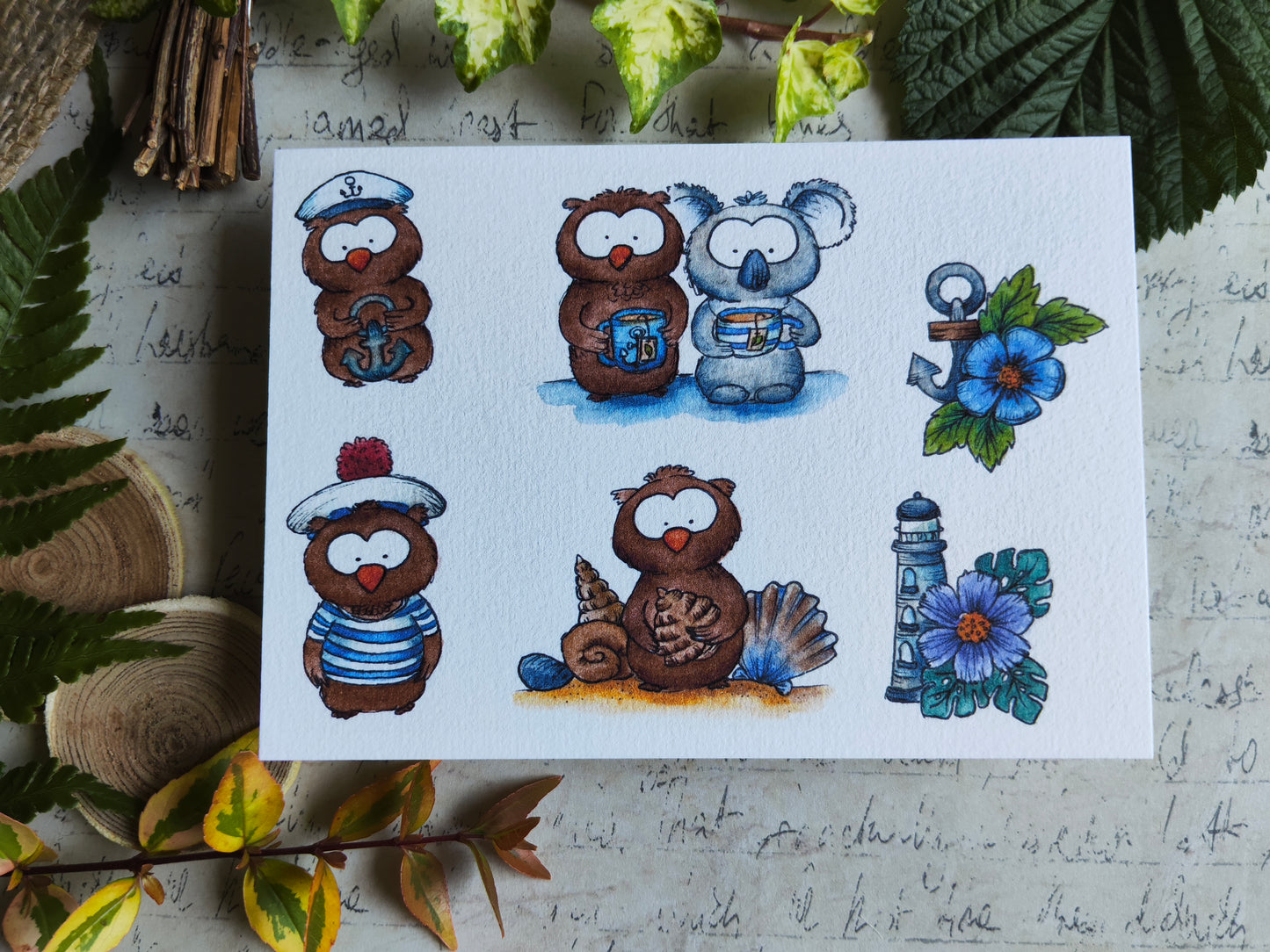 Carte Oiseaux Hibou Marins et Animaux Koala Rigolos – Illustration Mer été
