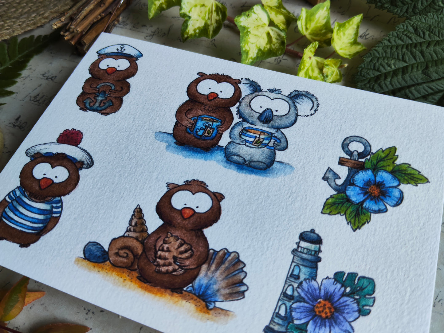 Carte Oiseaux Hibou Marins et Animaux Koala Rigolos – Illustration Mer été