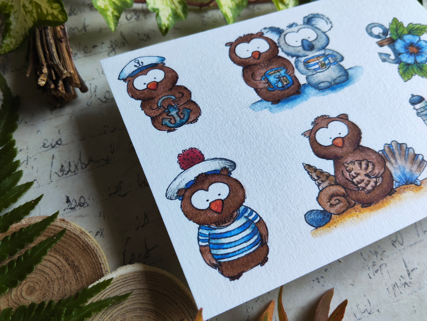 Carte Oiseaux Hibou Marins et Animaux Koala Rigolos – Illustration Mer été
