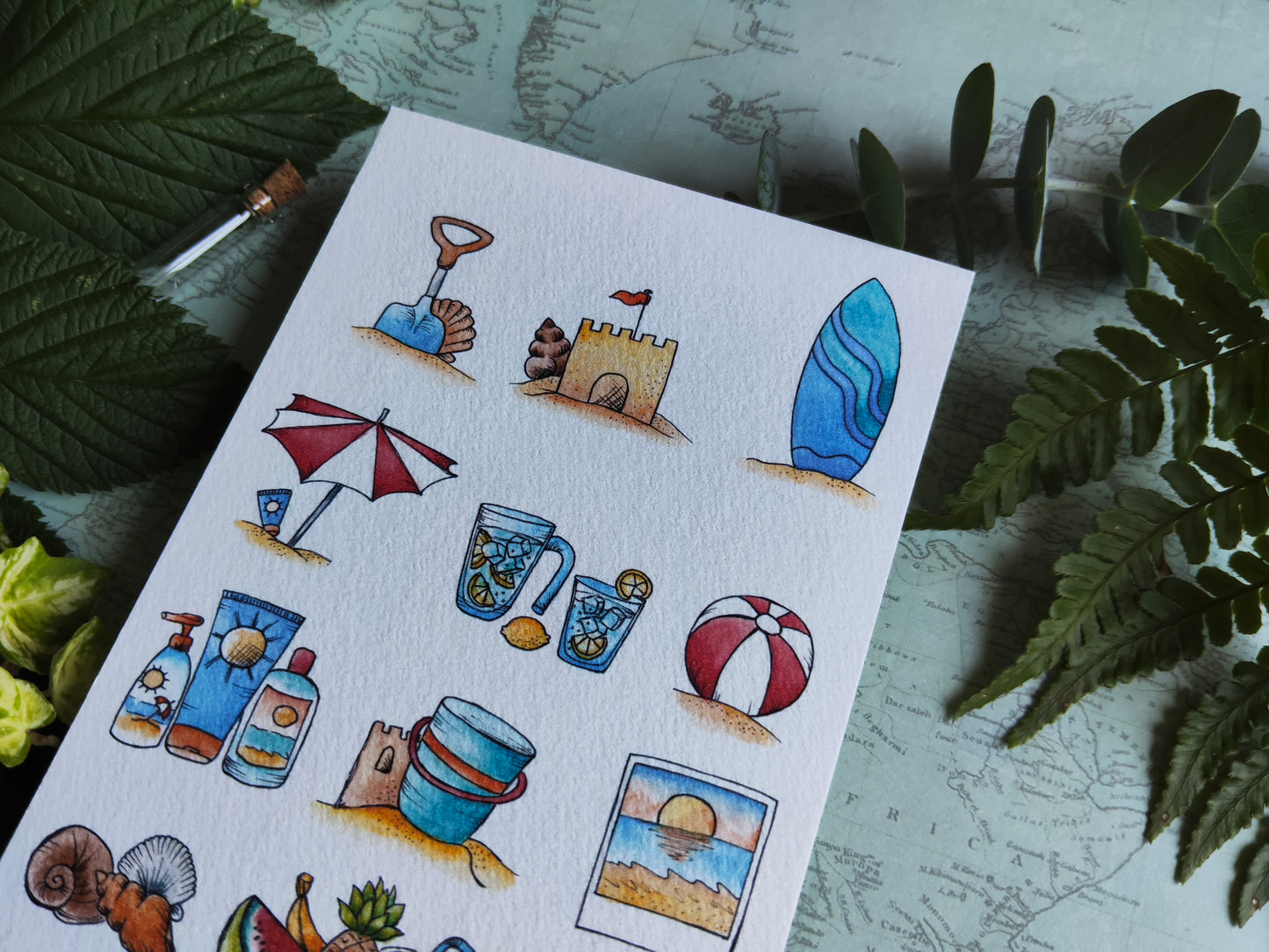 Carte Vacances à la Plage – Objets d’Été en Aquarelle