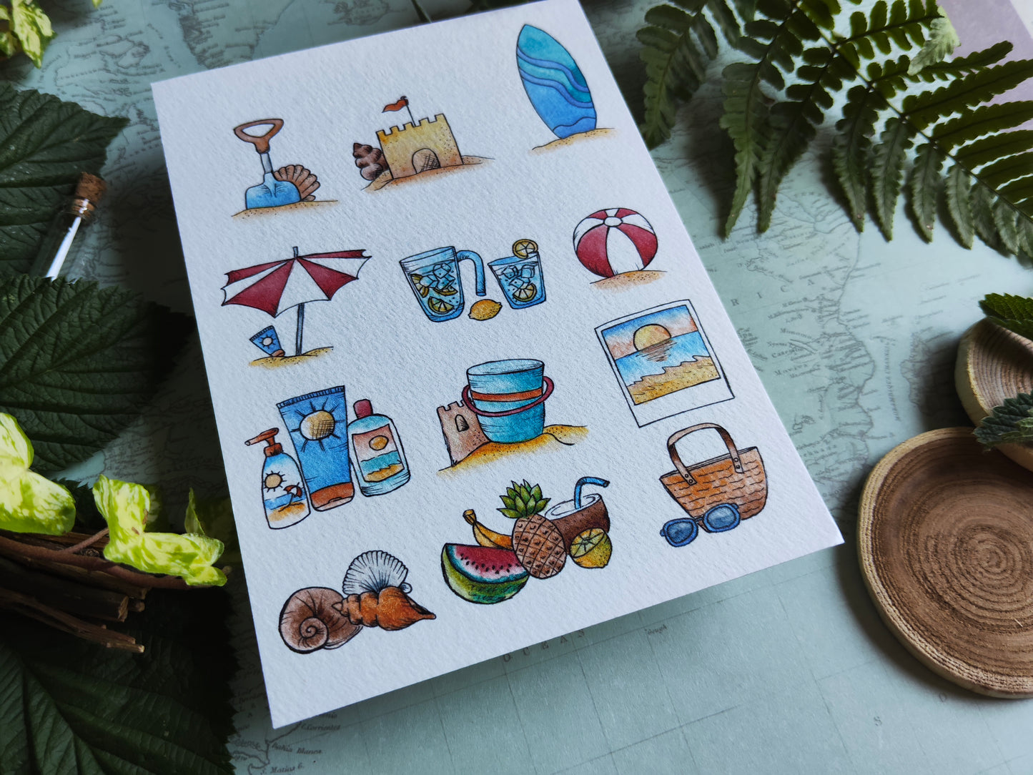 Carte Vacances à la Plage – Objets d’Été en Aquarelle