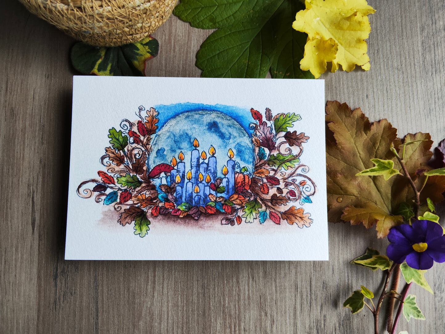 Carte A6 "Clair de lune et bougies enchantées" – Illustration à l’aquarelle, ambiance automnale et magique