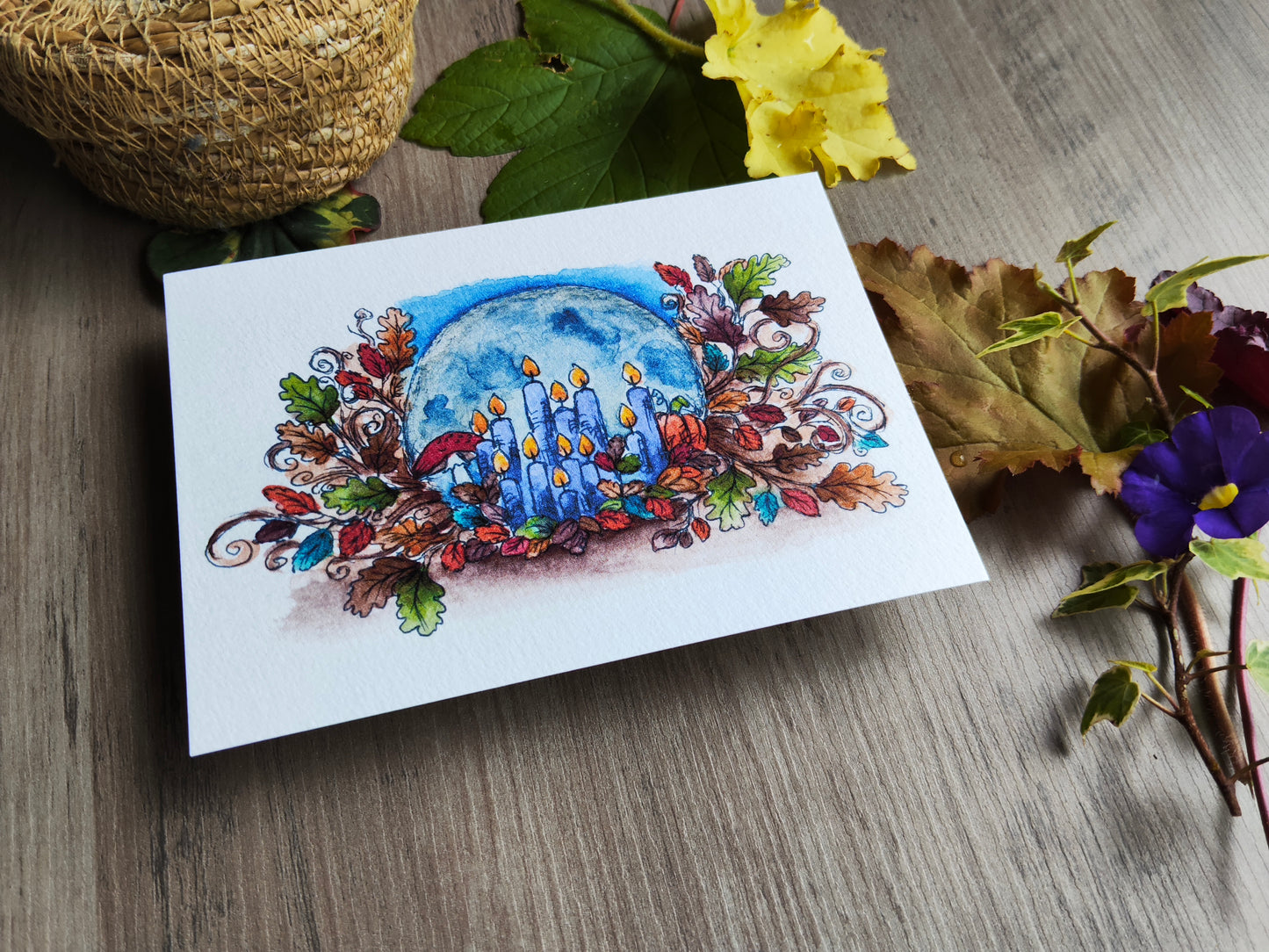 Carte A6 "Clair de lune et bougies enchantées" – Illustration à l’aquarelle, ambiance automnale et magique
