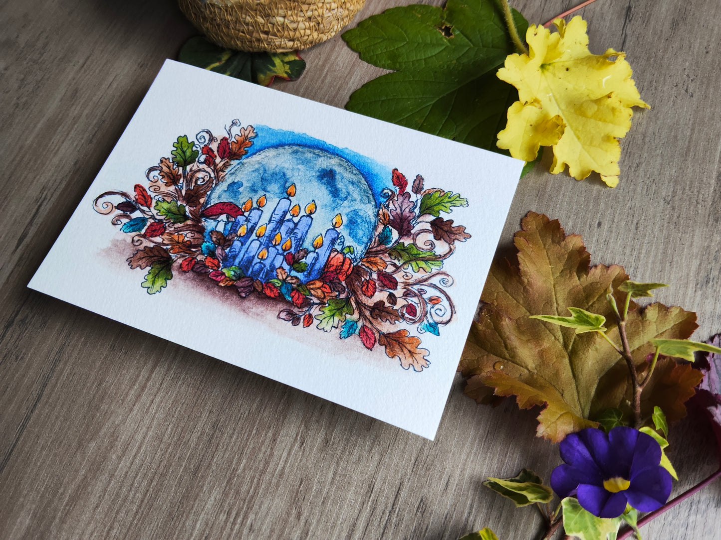Carte A6 "Clair de lune et bougies enchantées" – Illustration à l’aquarelle, ambiance automnale et magique