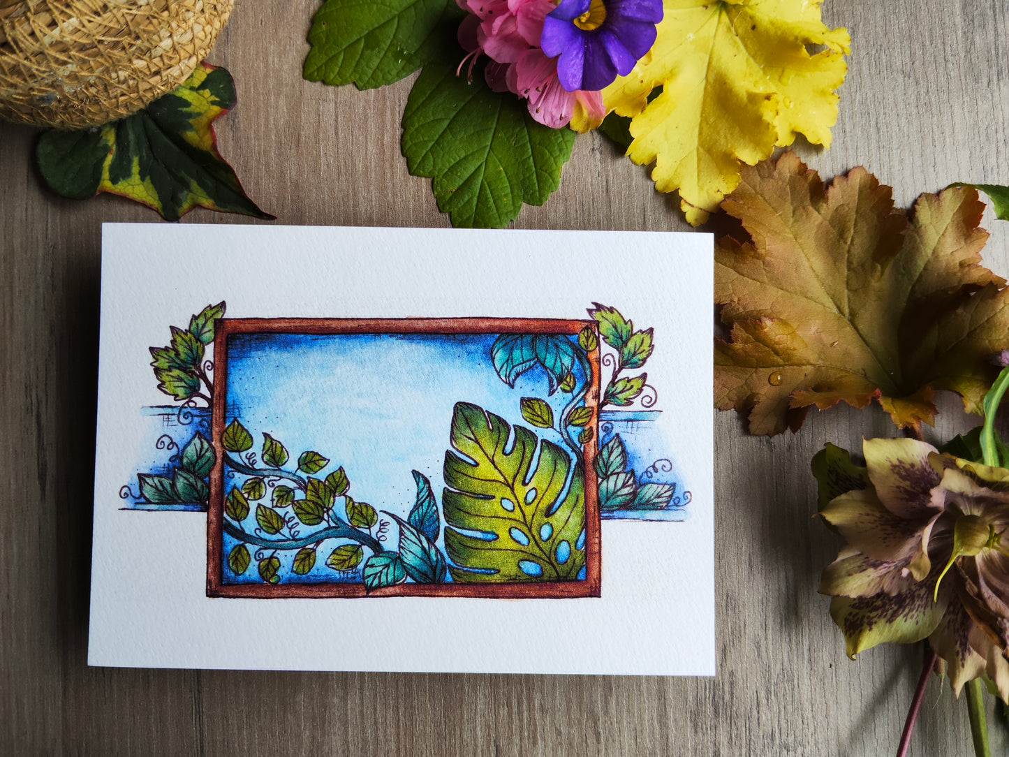 Carte illustrée – Feuillage & cadre nature – Aquarelle verdoyante – Format A6