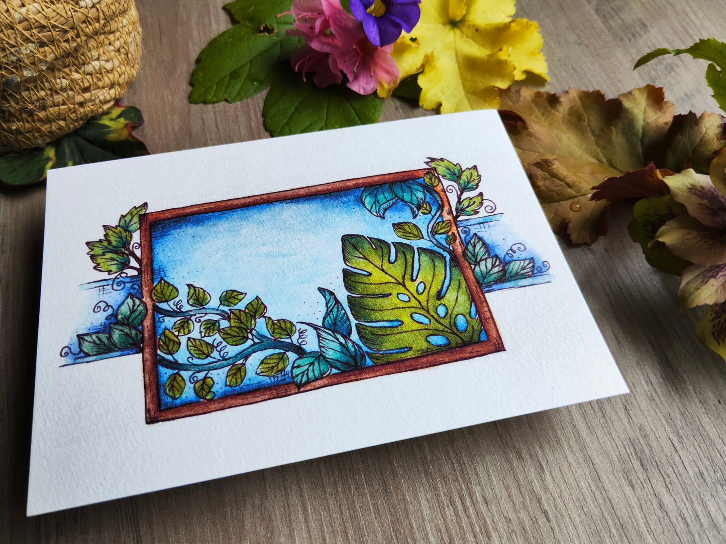 Carte illustrée – Feuillage & cadre nature – Aquarelle verdoyante – Format A6