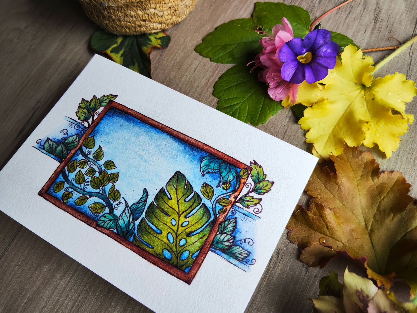 Carte illustrée – Feuillage & cadre nature – Aquarelle verdoyante – Format A6