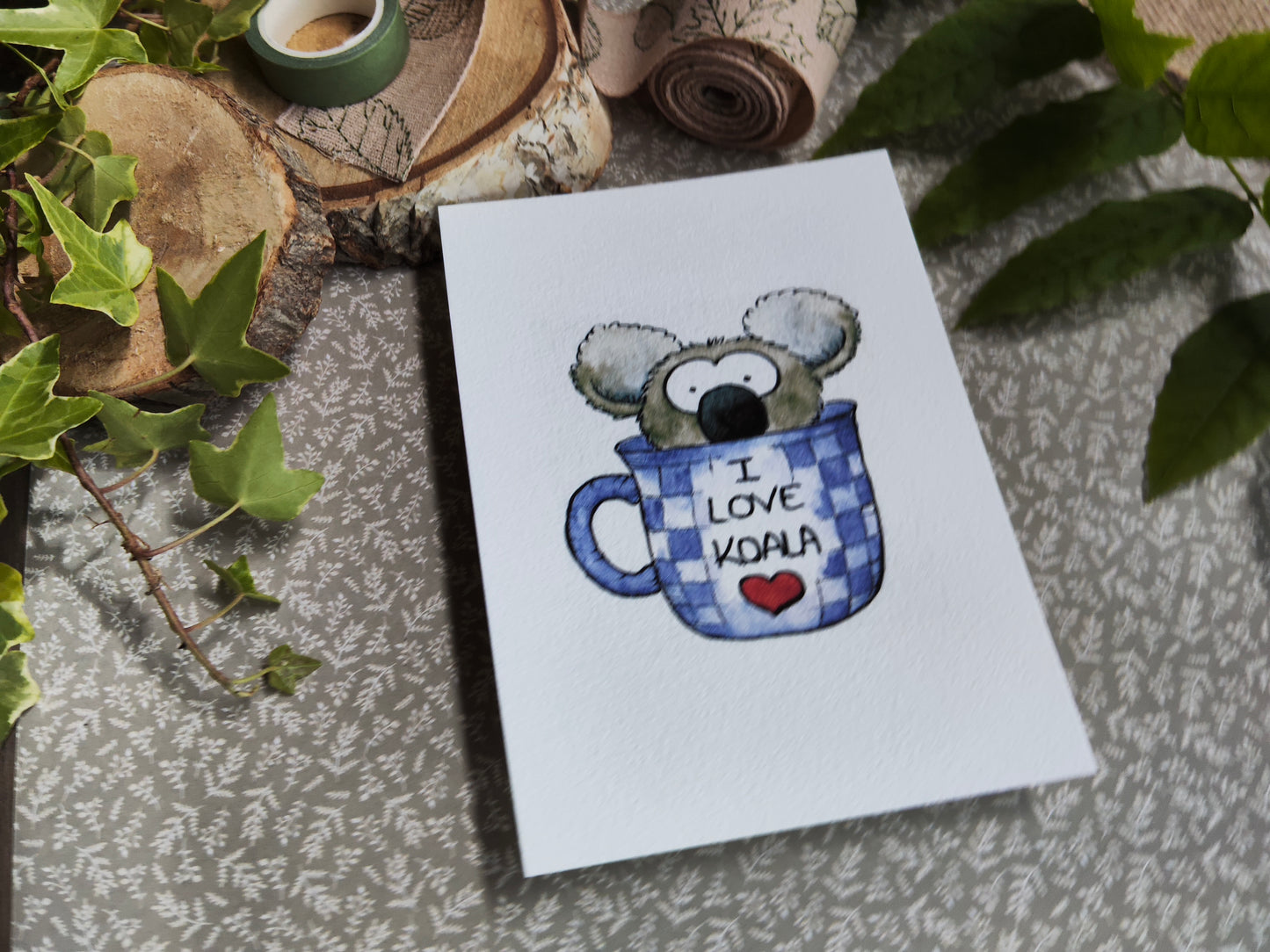 Carte koala mignon dans une tasse – Illustration imprimée A6 - Animal Aquarelle