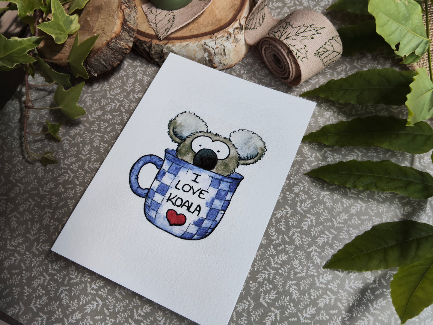 Carte koala mignon dans une tasse – Illustration imprimée A6 - Animal Aquarelle