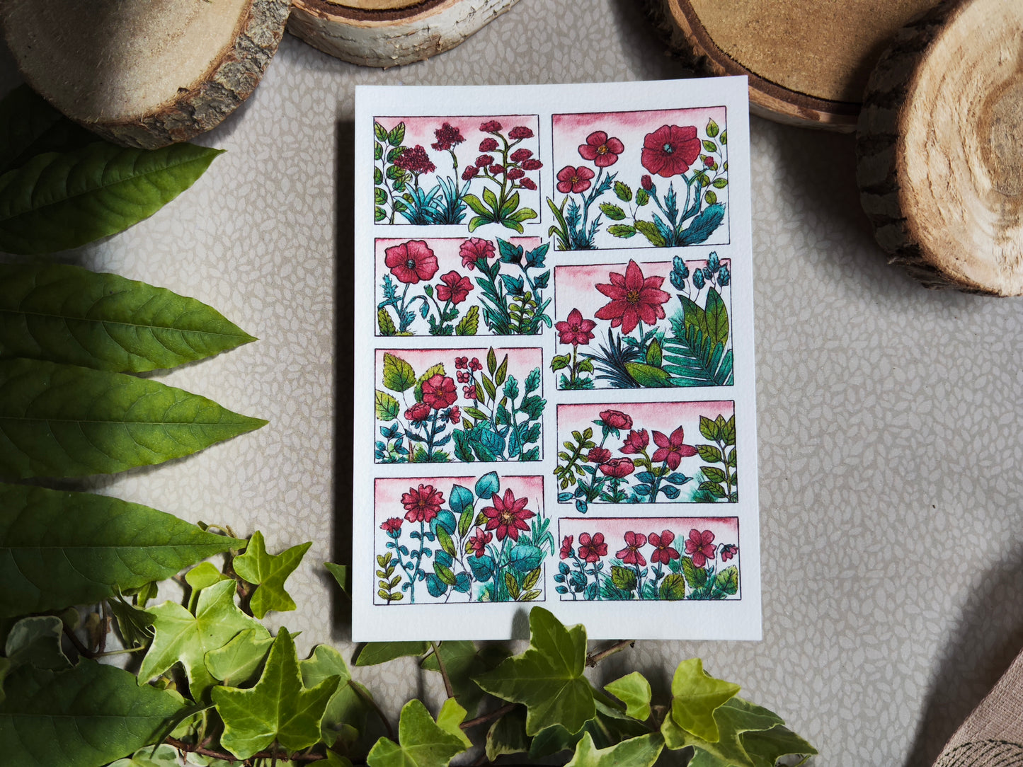 Carte illustrée A6 – Fleurs rouges à l’aquarelle – Nature Printemps - Impression fine sur papier 300g