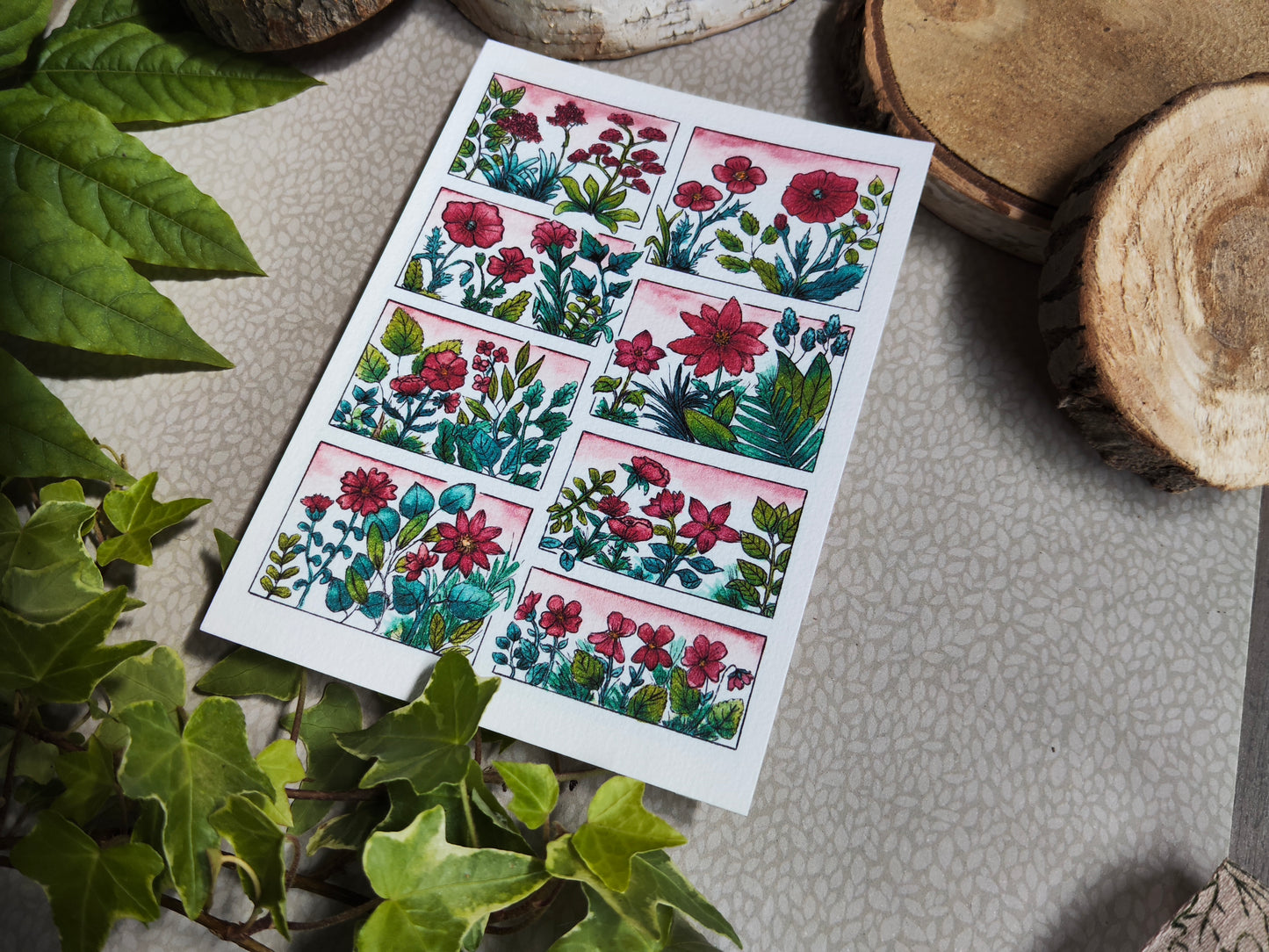 Carte illustrée A6 – Fleurs rouges à l’aquarelle – Nature Printemps - Impression fine sur papier 300g