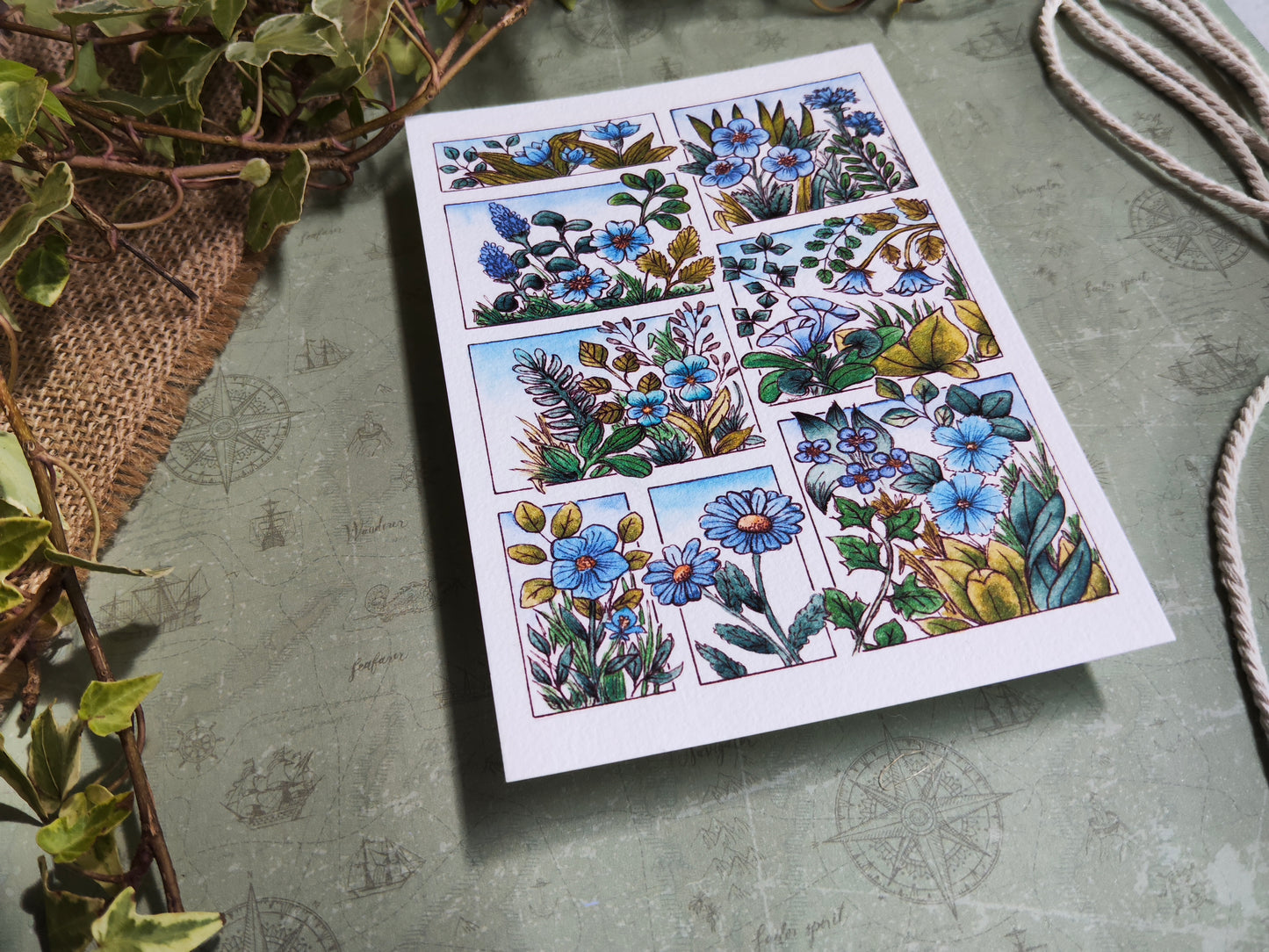 Carte fleurie A6 – Fleurs bleues à l’aquarelle – Art botanique imprimé sur papier 300g