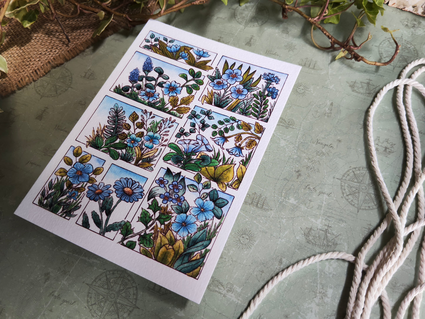 Carte fleurie A6 – Fleurs bleues à l’aquarelle – Art botanique imprimé sur papier 300g