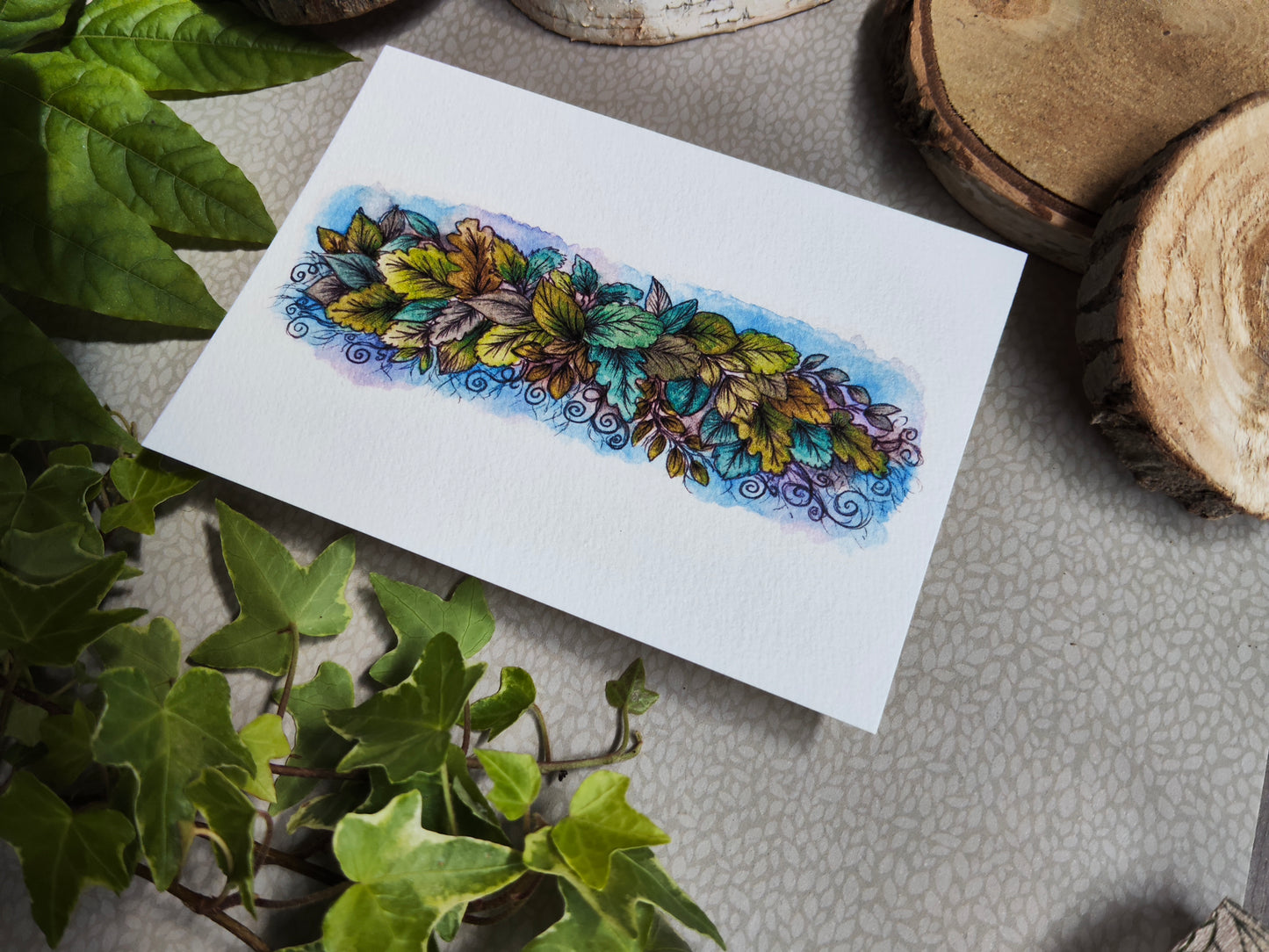 Carte illustrée – Feuillage poétique & cadre nature – Aquarelle verdoyante – Format A6