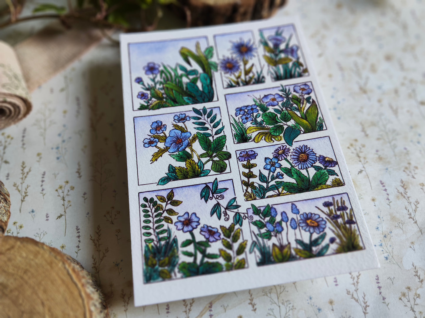 Illustration florale A6 – Fleurs violet à l’aquarelle – Carte déco imprimée papier texturé