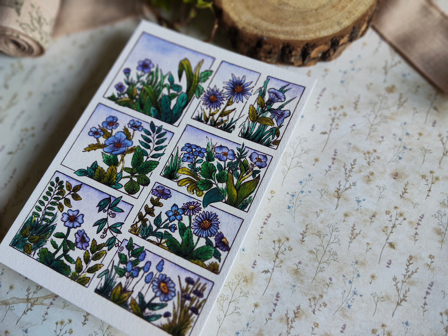 Illustration florale A6 – Fleurs violet à l’aquarelle – Carte déco imprimée papier texturé
