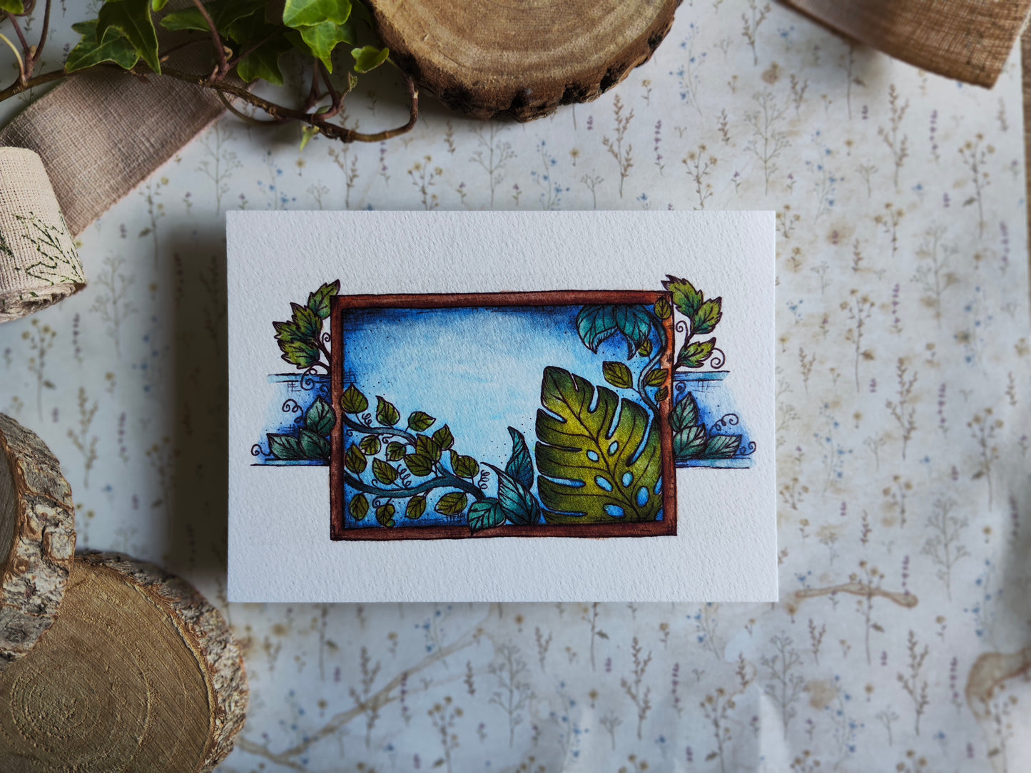 Carte illustrée – Feuillage & cadre nature – Aquarelle verdoyante – Format A6