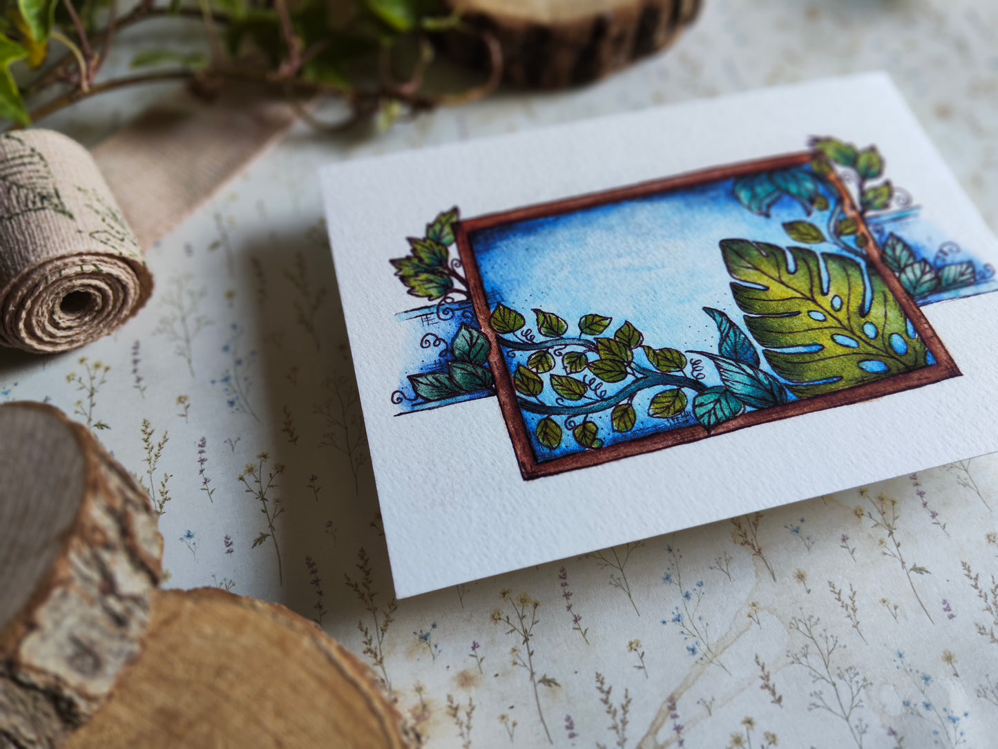 Carte illustrée – Feuillage & cadre nature – Aquarelle verdoyante – Format A6
