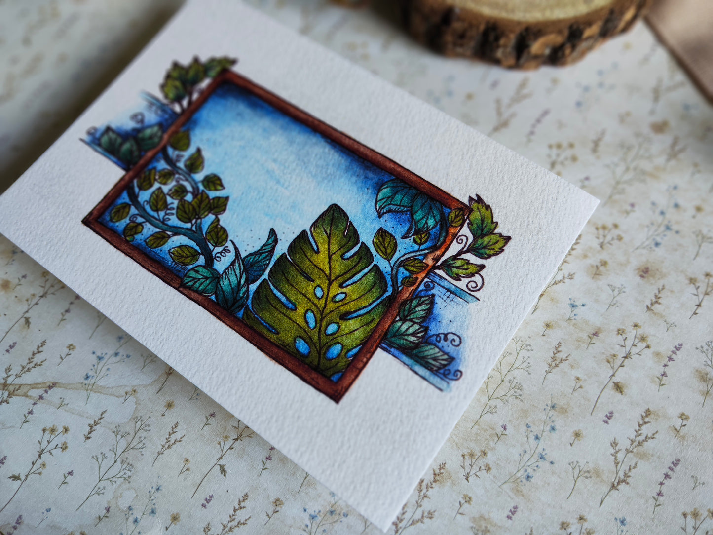 Carte illustrée – Feuillage & cadre nature – Aquarelle verdoyante – Format A6