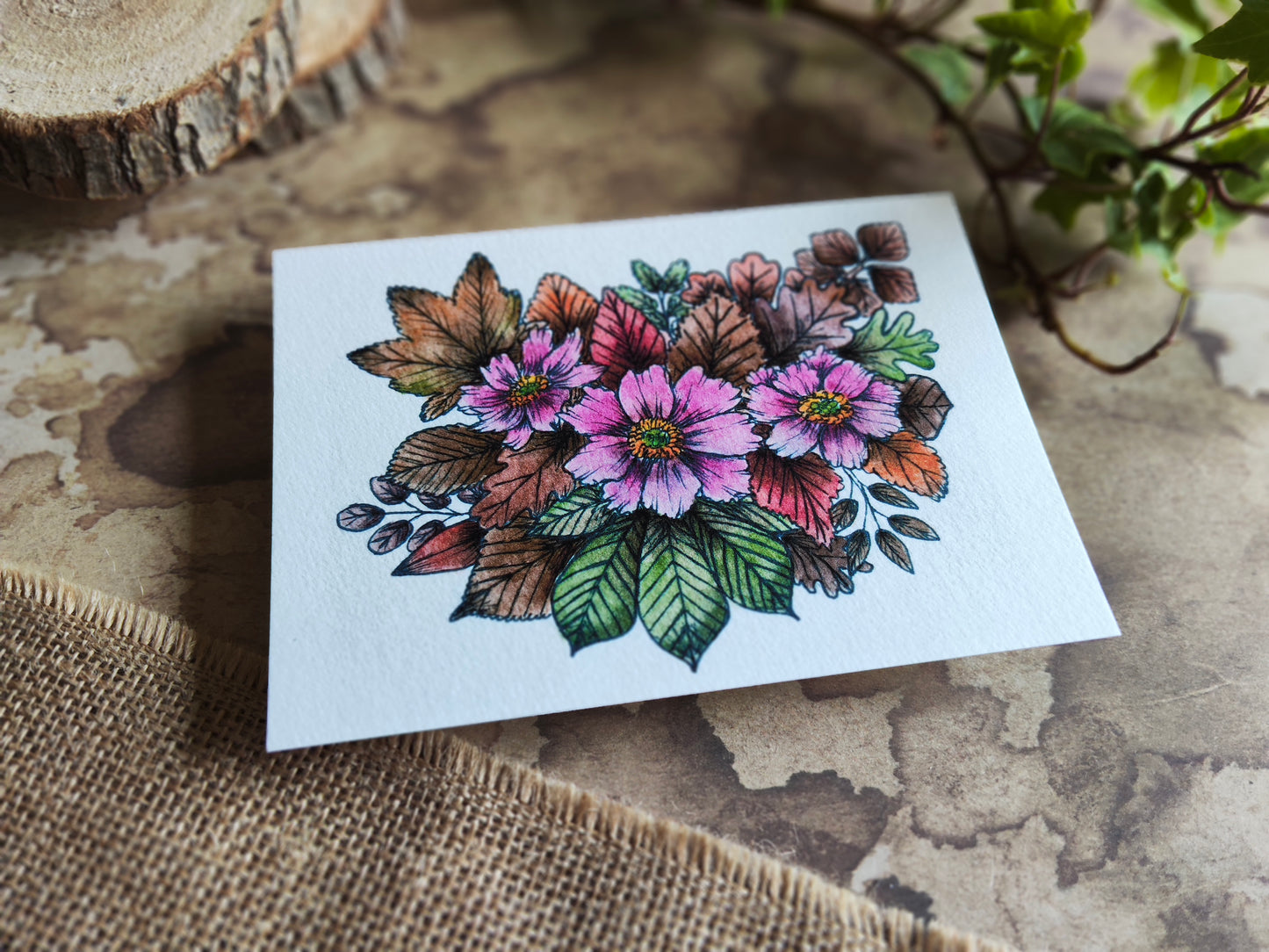 Carte A6 - Fleurs rose & feuillage - Impression aquarelle botanique Anémone du Japon